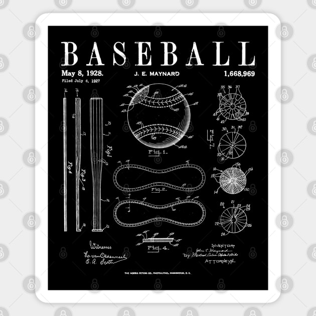 Baseball Bat And Ball Old Vintage Patent Drawing Print WHITE Magnet by Grandeduc